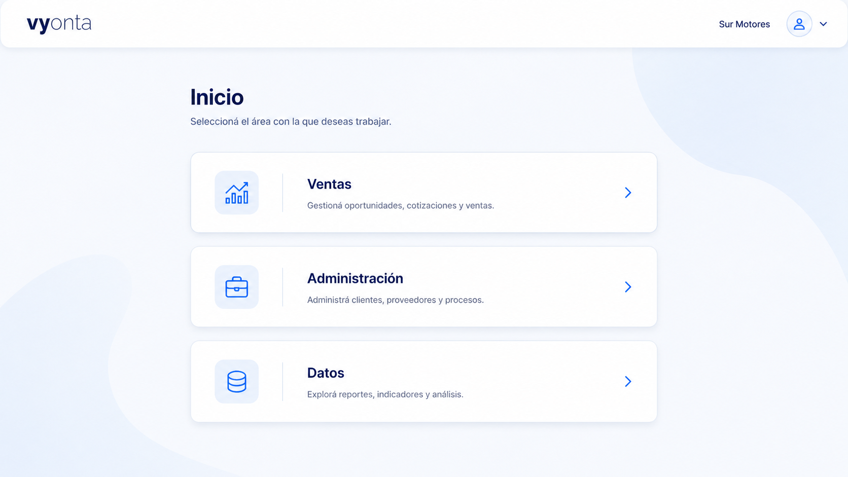 Vista de inicio con accesos por rol en Vyonta Manager