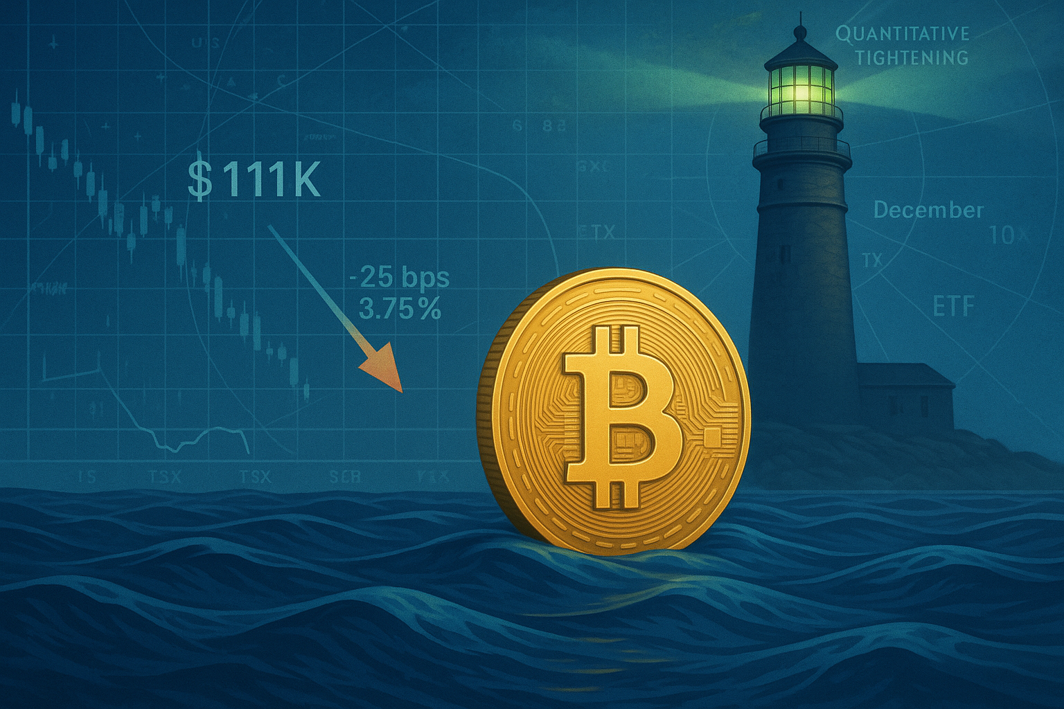 Federal Reserve building with Bitcoin chart overlay, representing Fed's rate cut and impact on crypto markets