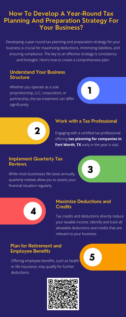 Developing a year-round tax planning and preparation strategy ensures your business stays compliant, minimizes tax liabilities, and maximizes savings. By maintaining accurate records, leveraging deductions, staying informed on tax laws, and working with a professional offering tax planning for companies in Fort Worth, TX you can streamline tax preparation and reduce financial stress. Proactive planning leads to better financial health and long-term business success. To know more visit here https://www.alignedwealthadv.com/tax-planning-fort-worth-tx