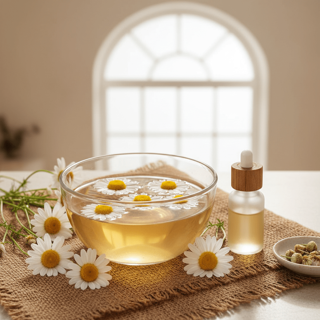 Chamomile flowers and a glass bowl of soothing chamomile water on a clean spa surface