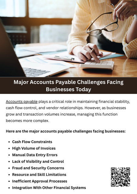 Major accounts payable challenges stem from manual processes, limited visibility, compliance risks, and resource limitations. Addressing these issues requires stronger controls, improved workflows, and better use of technology. By recognizing and proactively managing these challenges, businesses can strengthen accounting payable operations, improve financial accuracy, and support long-term stability and growth. To know more visit here https://www.straighttalkcpas.com/accounts-payable-services
