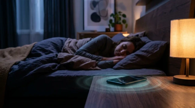 Glowing smartphone on nightstand beside sleeping person in dimly lit serene bedroom