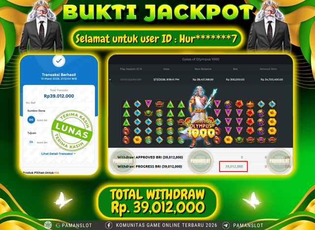 PAMANSLOT JACKPOT Game Gates of Olympus 1000 Rp.39,012,000- LUNAS