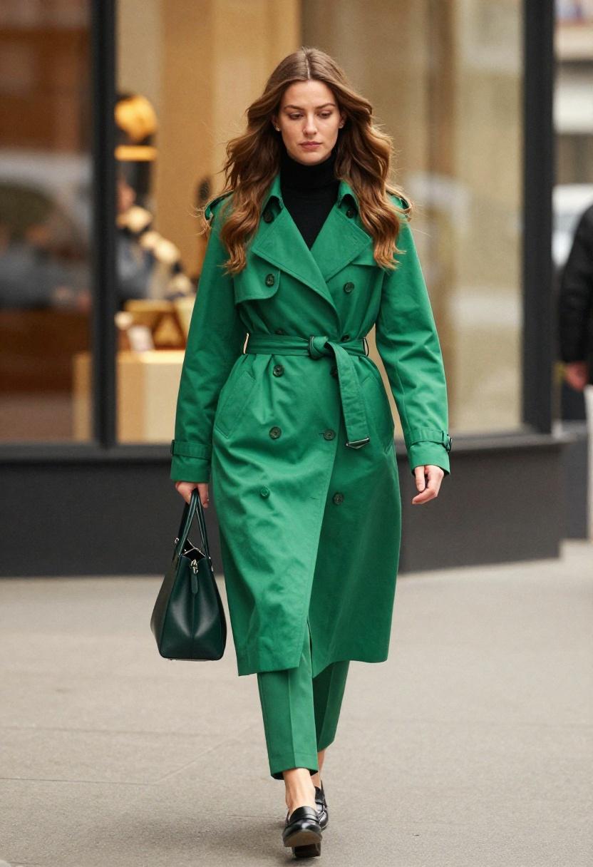 Emerald green double-breasted trench coat with slim trousers and block-heel loafers for a sophisticated city stride