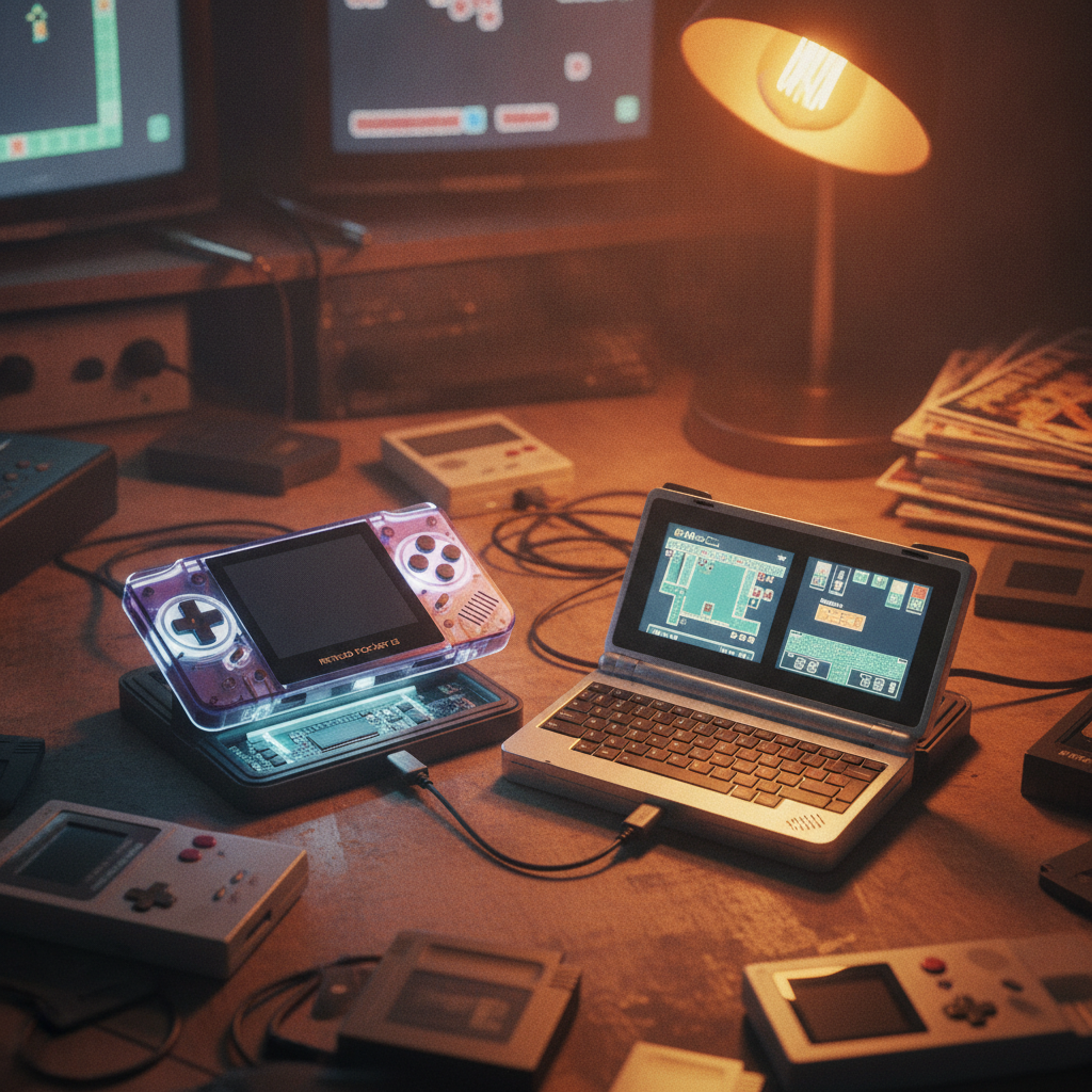 A sleek portable gaming handheld, possibly a Retroid device, showcasing its design and screen.