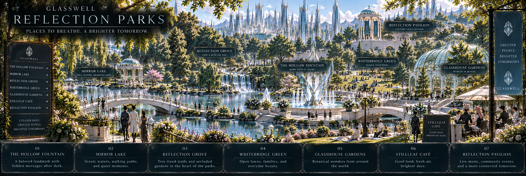 Lakes, gardens, cafés and civic spaces throughout Reflection Parks.