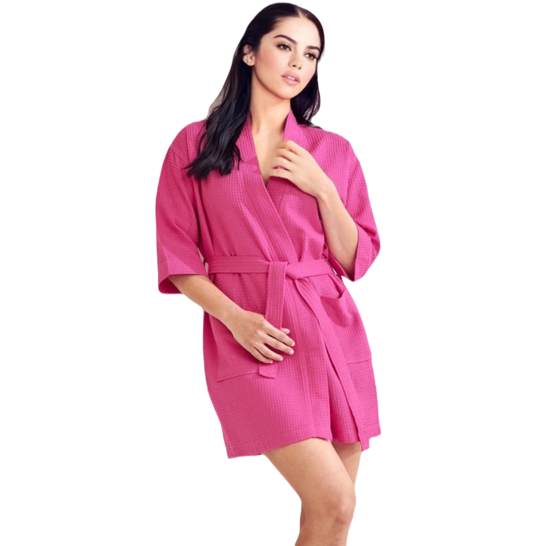 Women's Short Cotton Blend Waffle Kimono Hot Pink Bathrobe (Small/ Medium) view 2