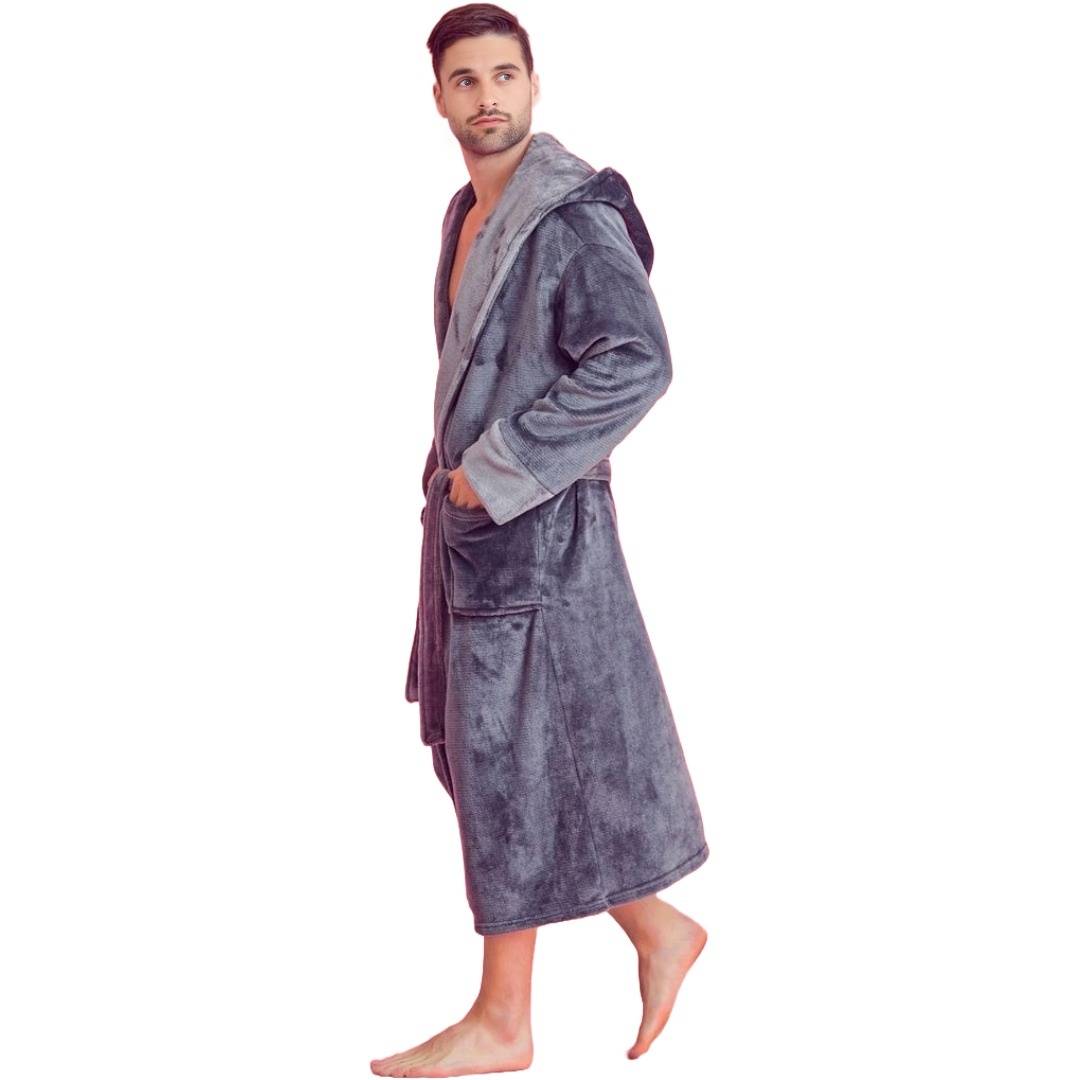 Men Plush Shawl Collar Robe, Unisex Gray (S/M) view 2