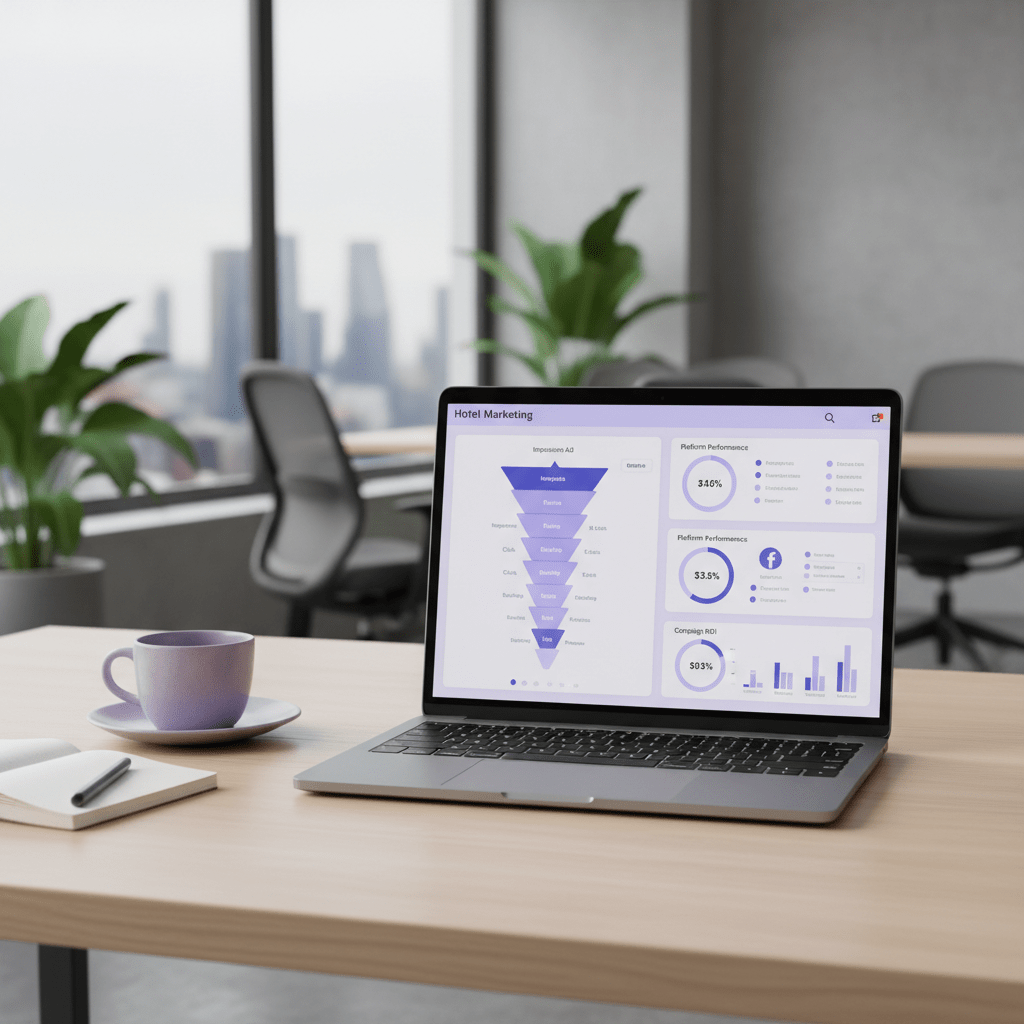 Hotel marketing dashboard with social ad funnel analytics
