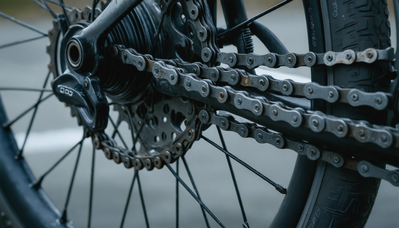 A close view of a worn bicycle chain, oil-dark and taut, threaded over a toothed sprocket in cold daylight.