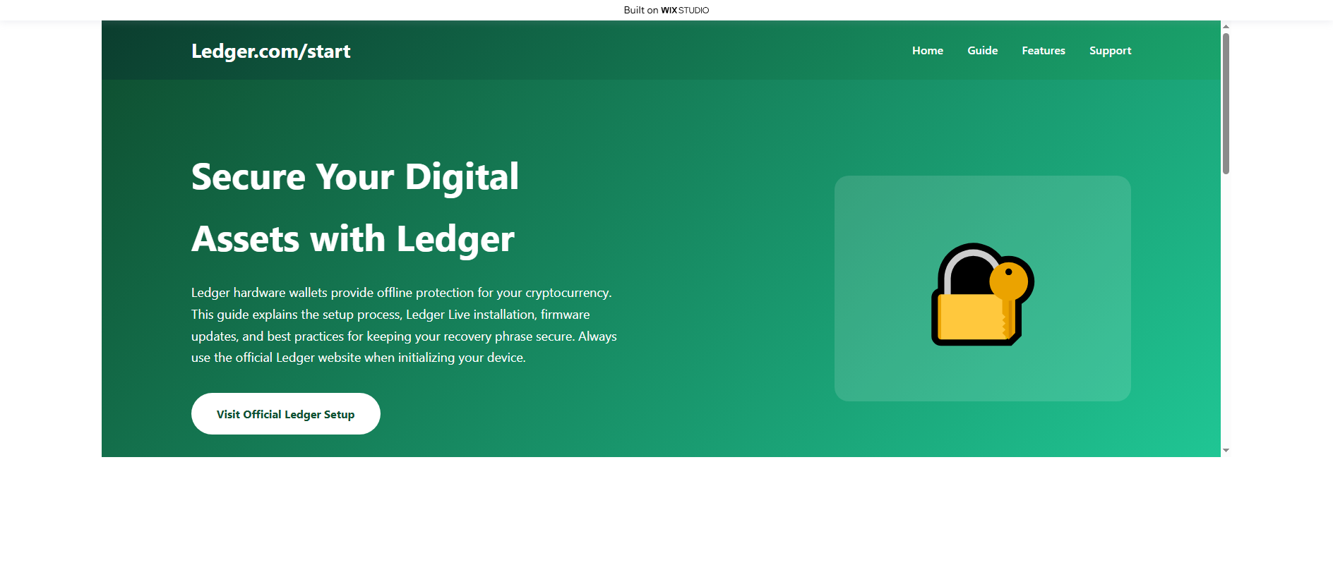 Forensic screenshot of enstart-ledgeapp.wixstudio.com showing the phishing page layout