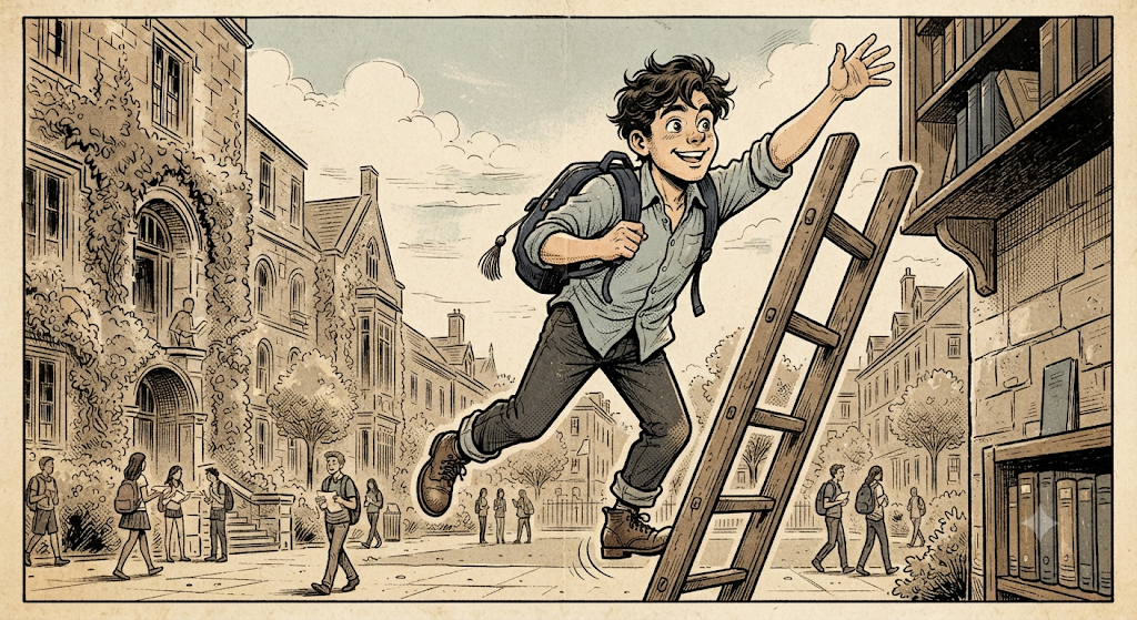 a bright-eyed young college graduate with a casual half-tucked shirt, a backpack slung over one shoulder, and an easy grin, climbing a tall wooden ladder with one foot slipping off a rung