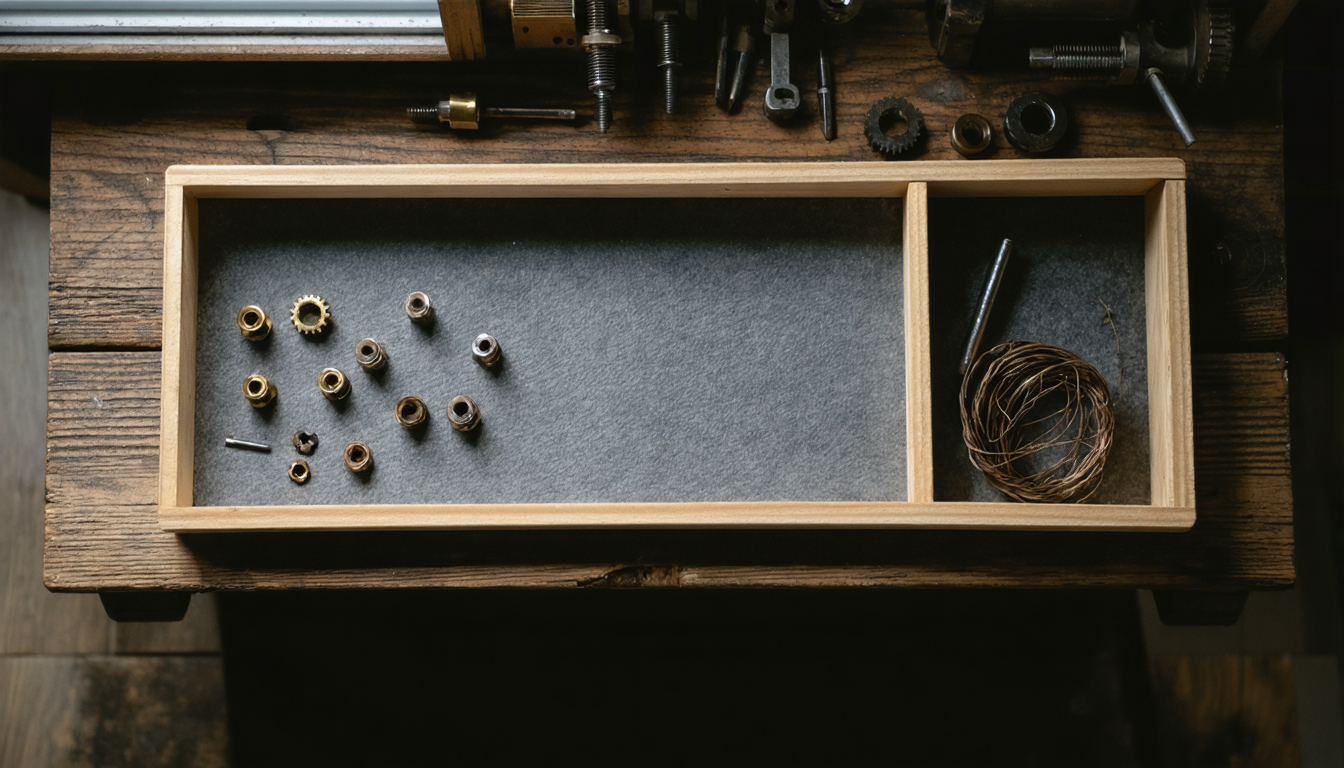 A worn workbench in low light with scattered mechanical components laid out but incomplete, a few empty slots where parts should be.