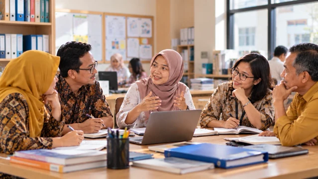 Orang tua mendampingi anak belajar dengan laptop