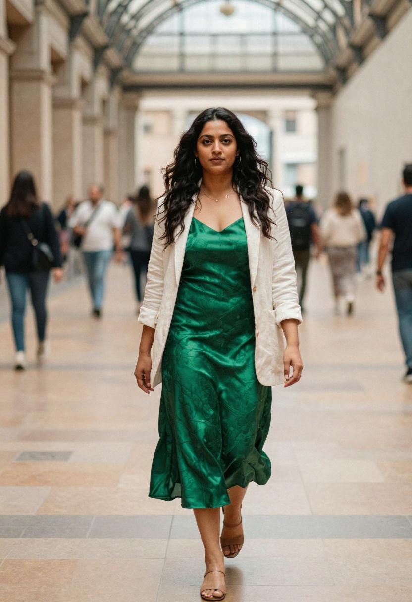 Emerald satin slip dress under linen blazer for romantic refined museum date