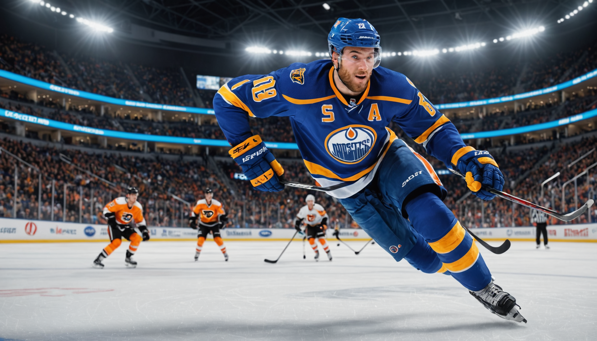 Speedy, pro-hockey player engaged in intense game, lit hockey arena