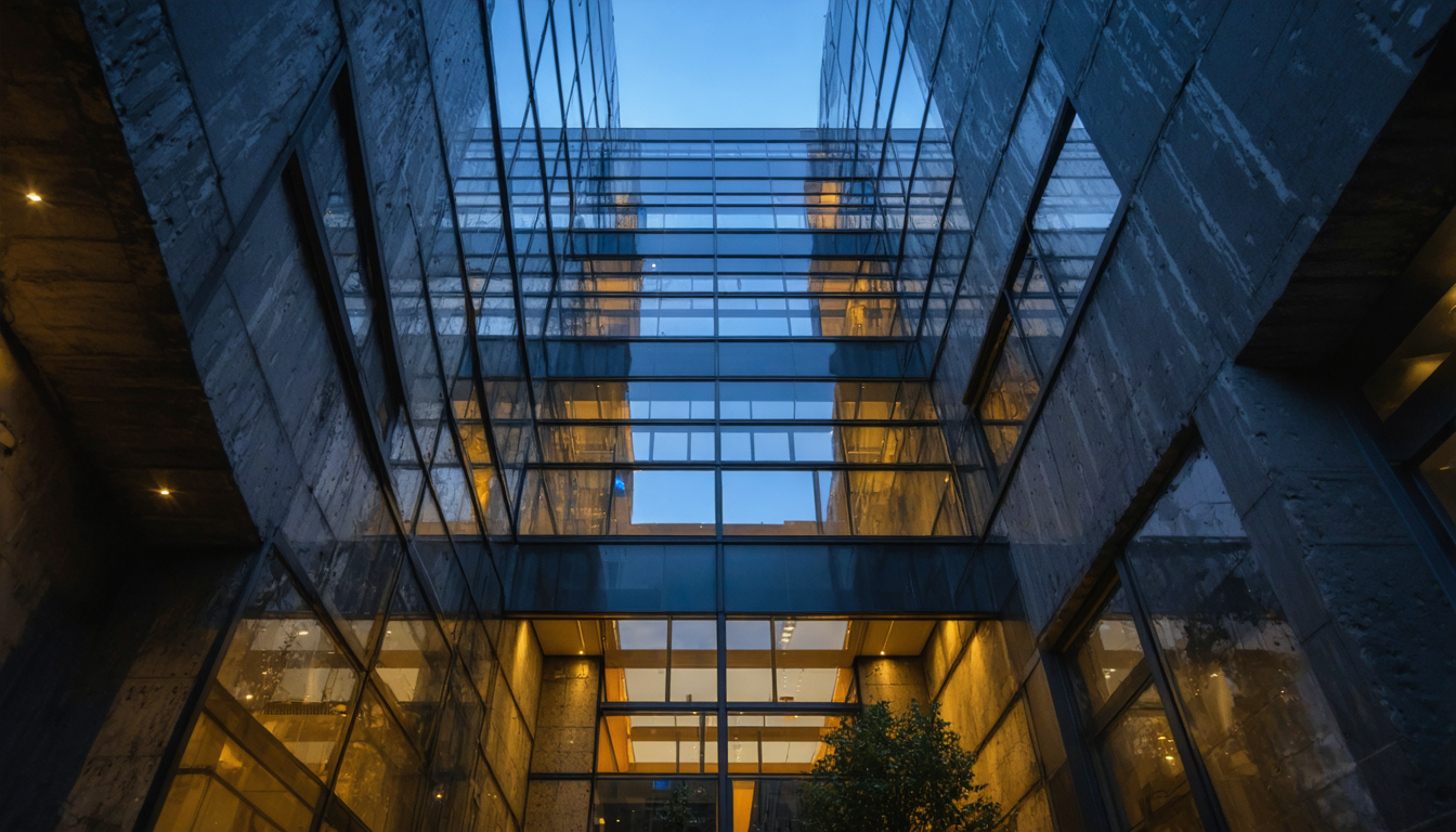 A tall building at dusk with different floors lit in contrasting warm and cool tones, some windows dark, suggesting internal disconnection.