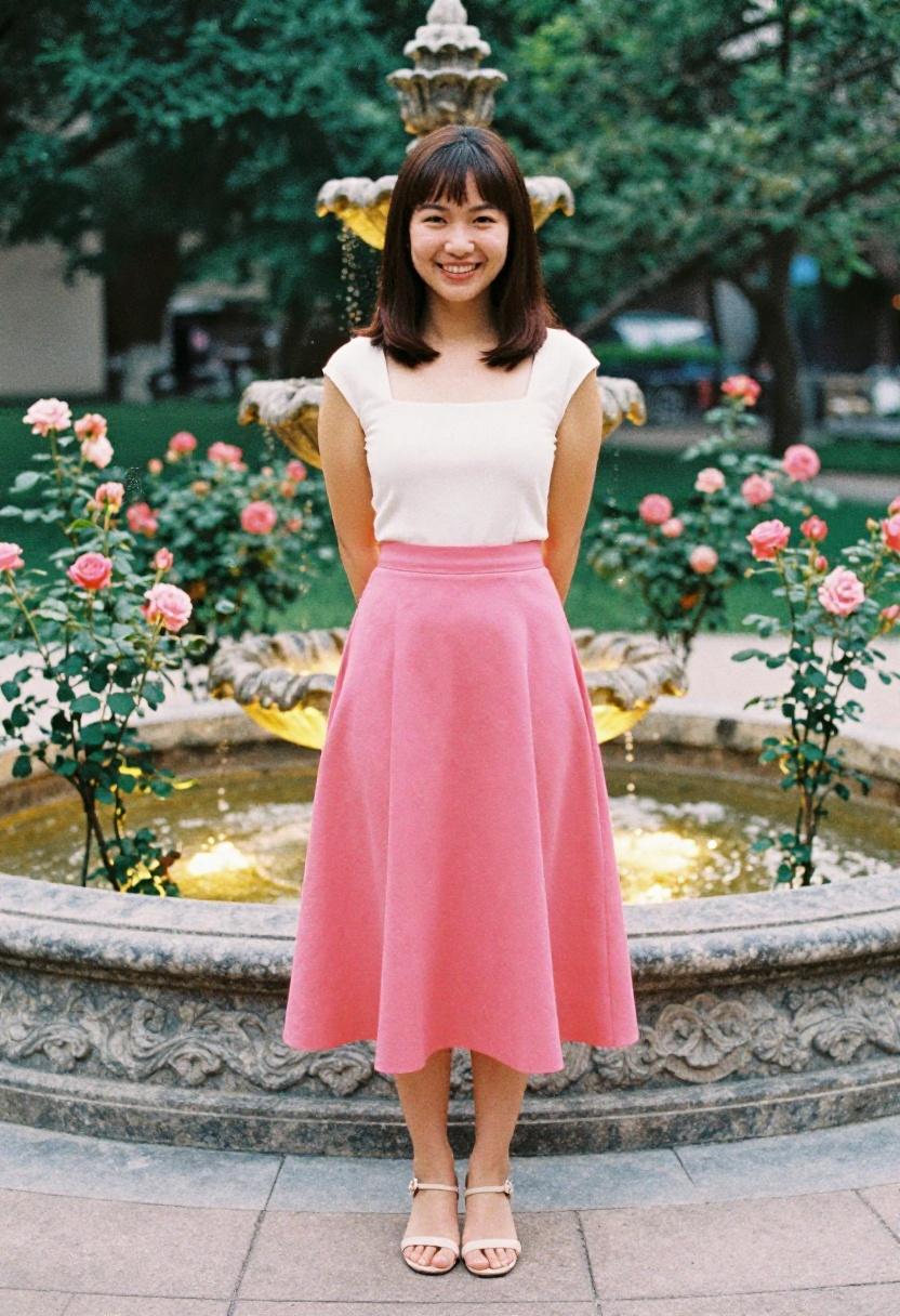 Bold fuchsia midi flare skirt with ivory square-neck top for garden graduation
