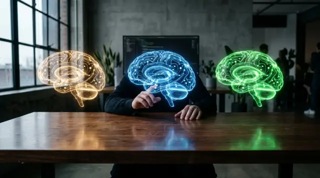 Three colorful holographic AI brain interfaces floating above a modern desk, contemplative mood