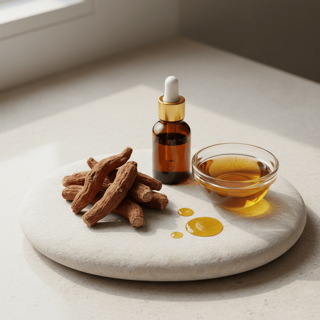 Close-up of ashwagandha roots, amber oil bottle, and sesame oil on a natural spa surface