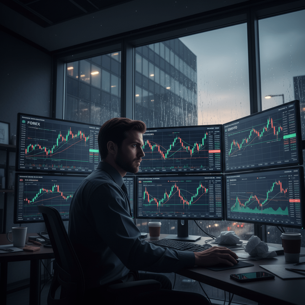 Trader analyzing financial charts on multiple monitors