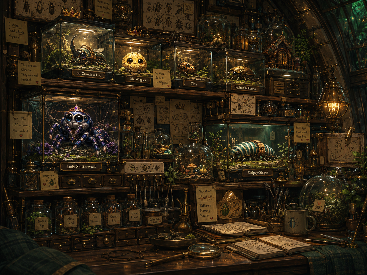 Auggie's cozy bug observation area with habitats and warm lighting
