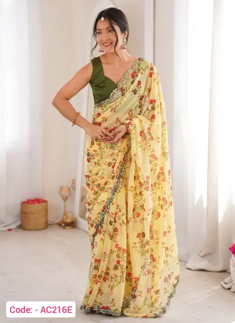 Yellow color printed georgette saree