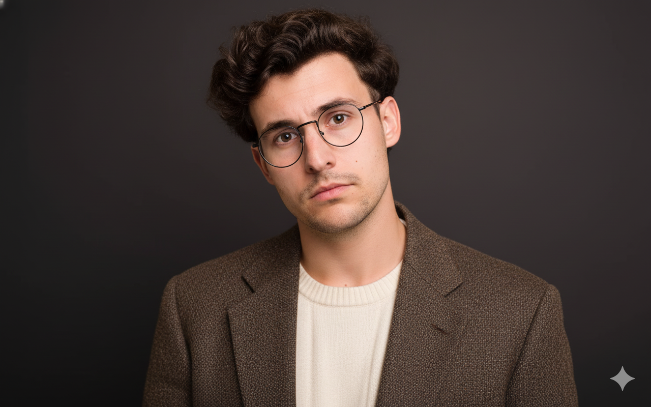 A thoughtful, intellectual profile photo of a young man with dark, curly hair and round glasses, looking contemplatively with a slight tilt to his posture. He is wearing a classic tweed sport coat over a cream-colored sweater against a solid dark gray studio background. Soft, diffused lighting creates a subtle catchlight in his eyes. The focus is sharp on his eyes, with a shallow depth of field and soft bokeh, emphasizing the texture of the tweed, his hair, and realistic skin