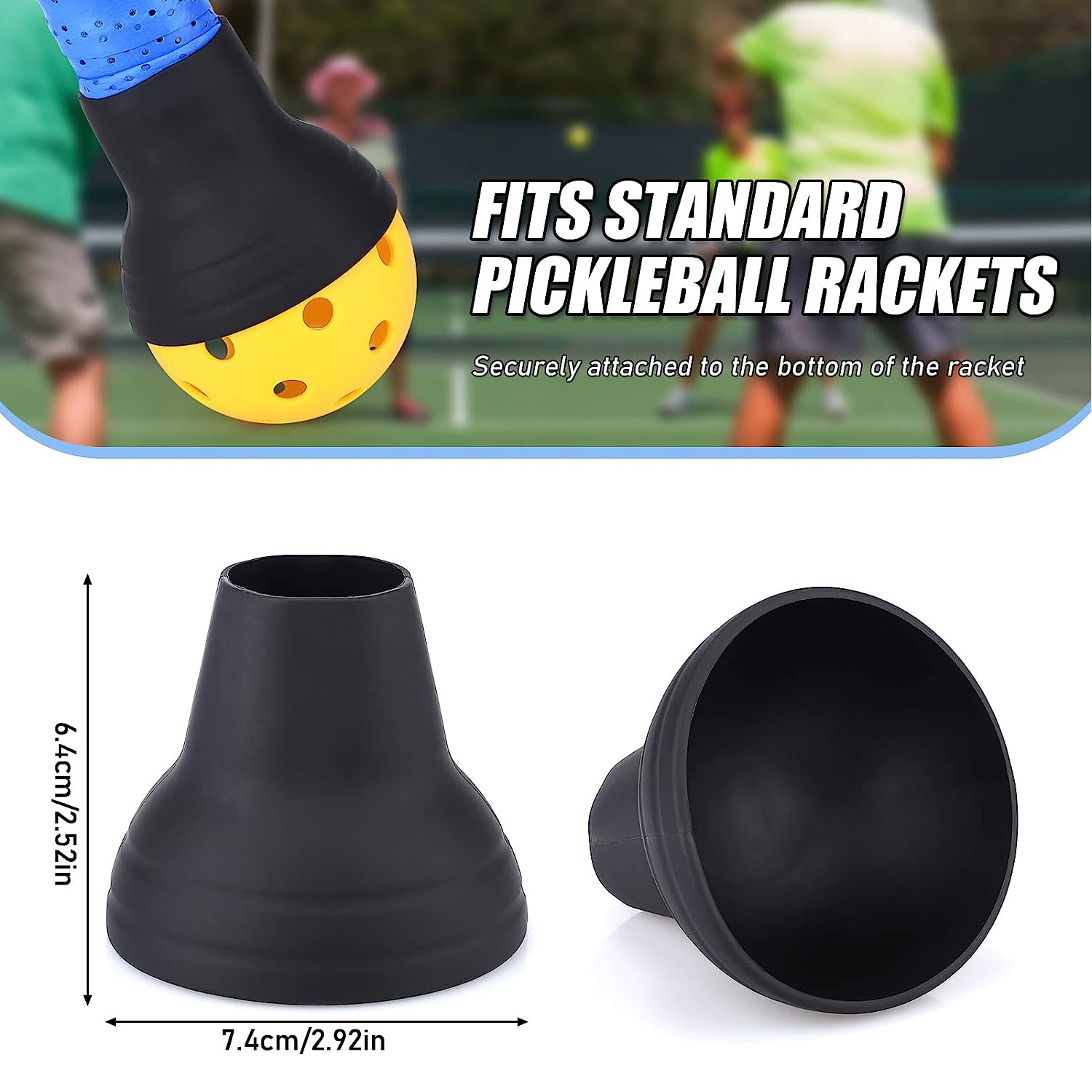 2-piece Black Silicone Pickleball Ball Retriever Attachment for Paddle Handle Easy Ball Pickup Training Accessory No Bend Training Aid for Players