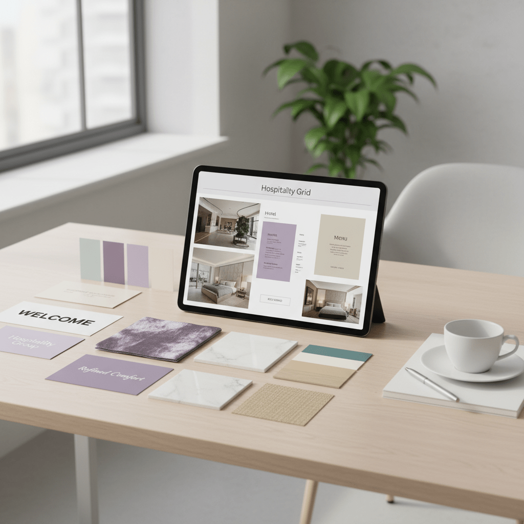 A moodboard with color swatches, room textures, typography samples, and a tablet displaying a cohesive hospitality grid