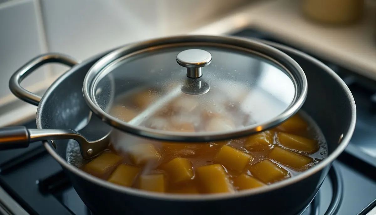 A pan with a lid on during a simmer, showing the simple containment habit that reduces airborne compound release before any extraction has to handle it