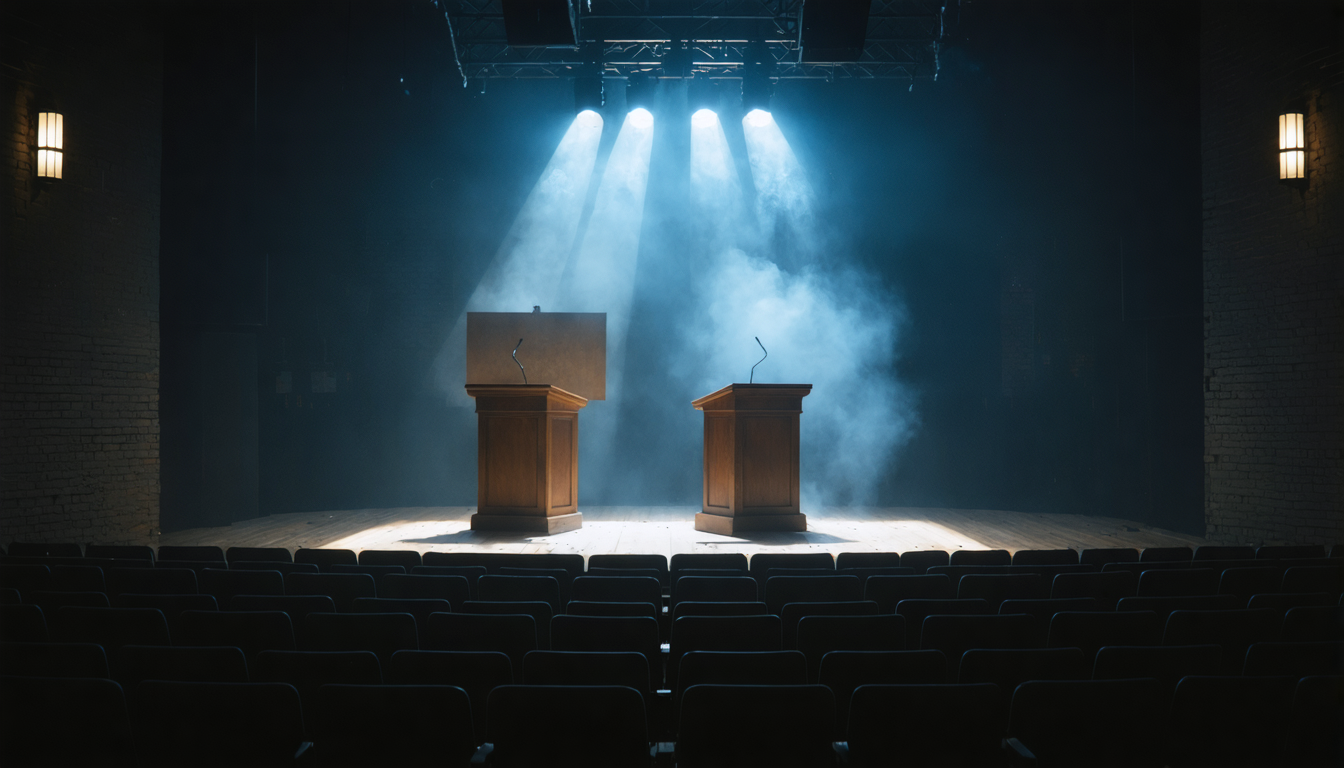 A dim stage with two empty lecterns facing each other under a single overhead light, an unattended cardboard sign leaning against the back wall.