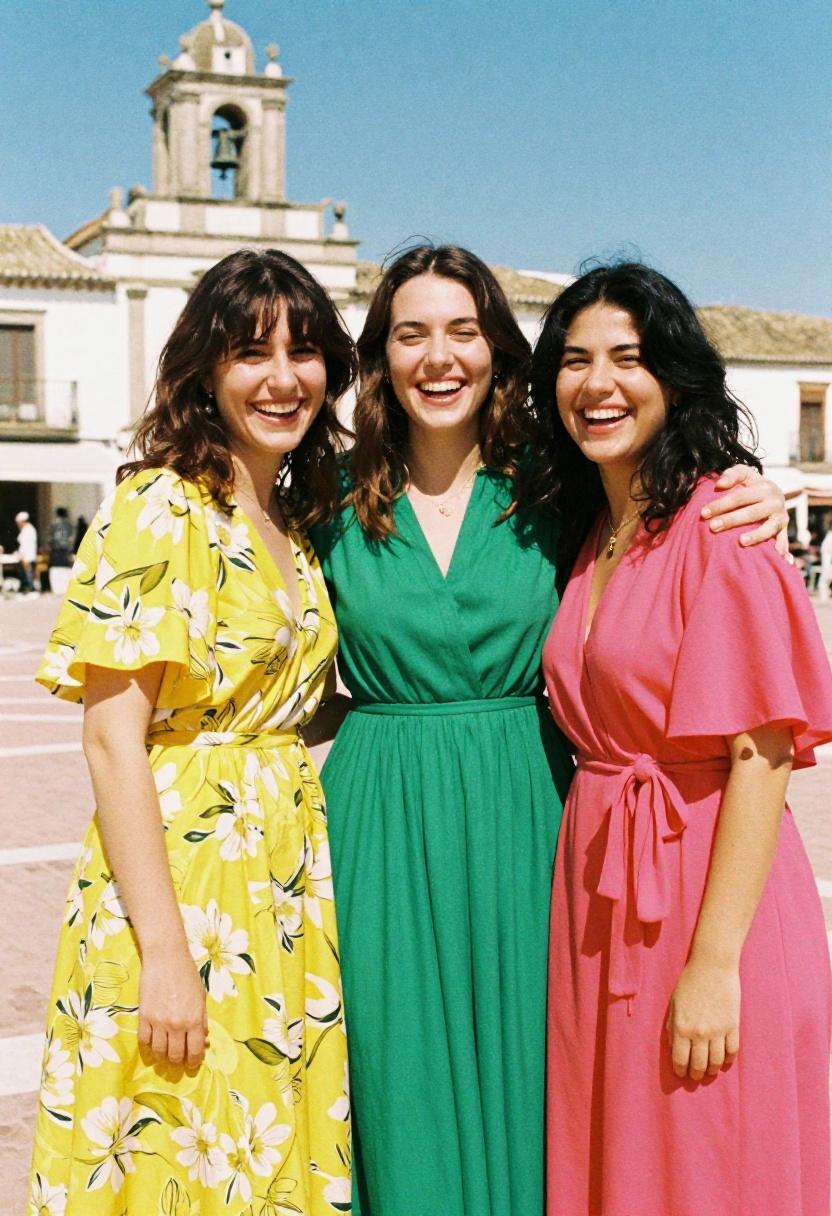 Bold emerald, sunshine yellow, and rose-red dresses at Mediterranean-backdrop bridal shower