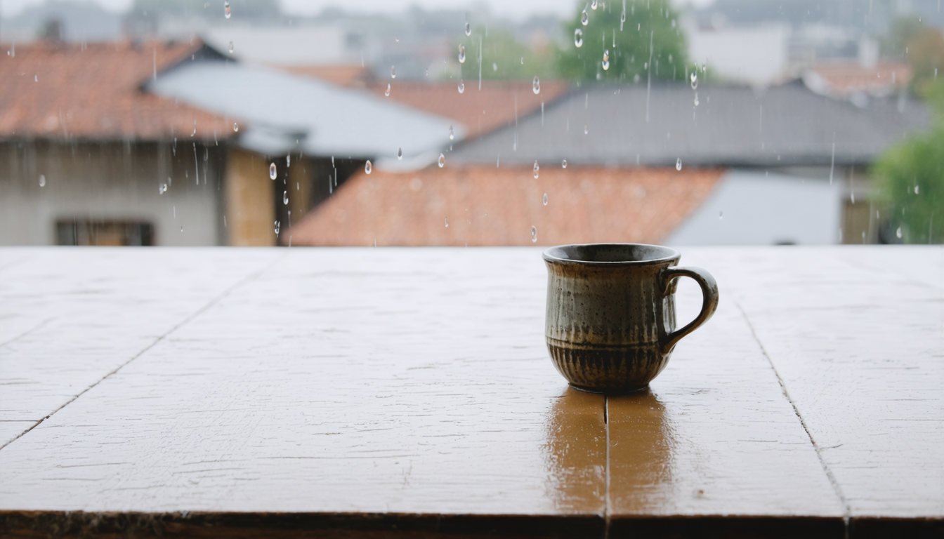 A cup of coffee heroically pretending it can teach you something about selfhood before you've even tasted it.