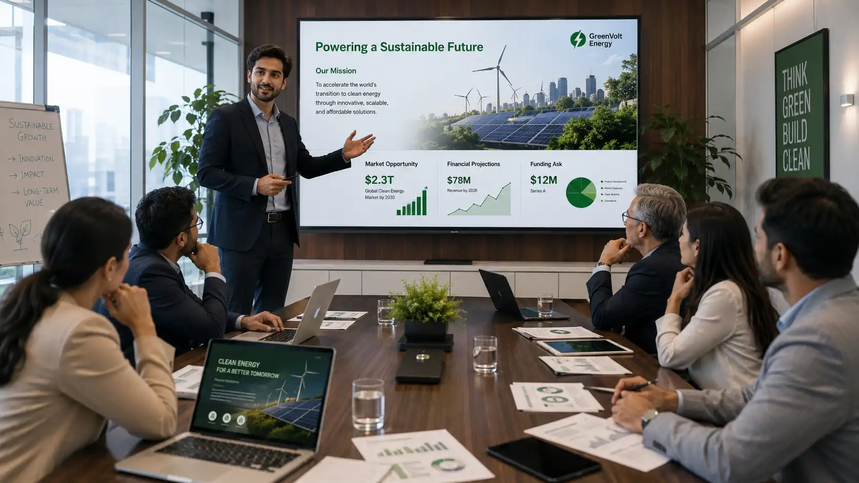 Startup founder pitching to investors with renewable energy charts