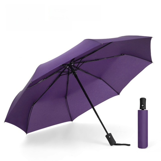 Purple 97CM Large Folding Automatic Travel Umbrella with 8 Reinforced Fiberglass Ribs - Lightweight Compact Rain & Sun Shield for Backpack Travel and Commuting