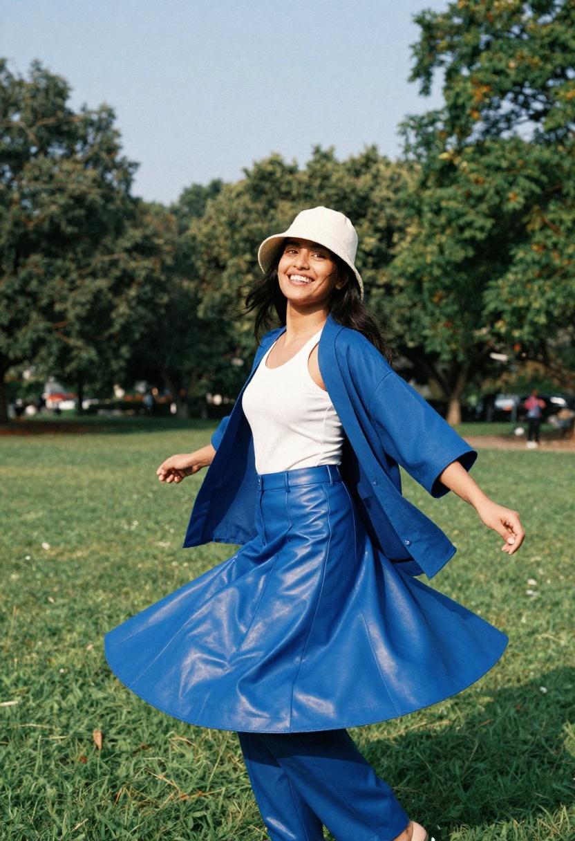 Woman twirling in cobalt blue faux leather pants with a flowing kimono jacket in a park