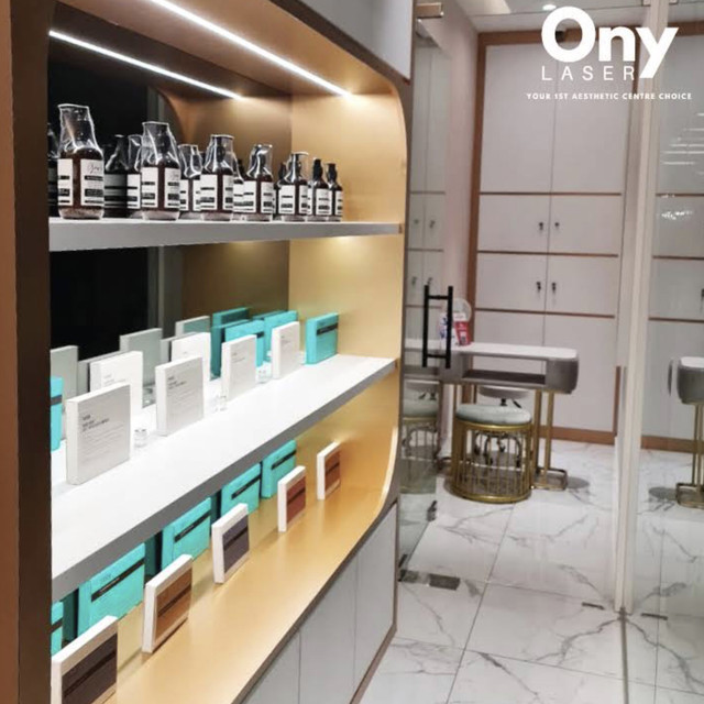 Skincare products displayed inside Ony Laser Orchard Central