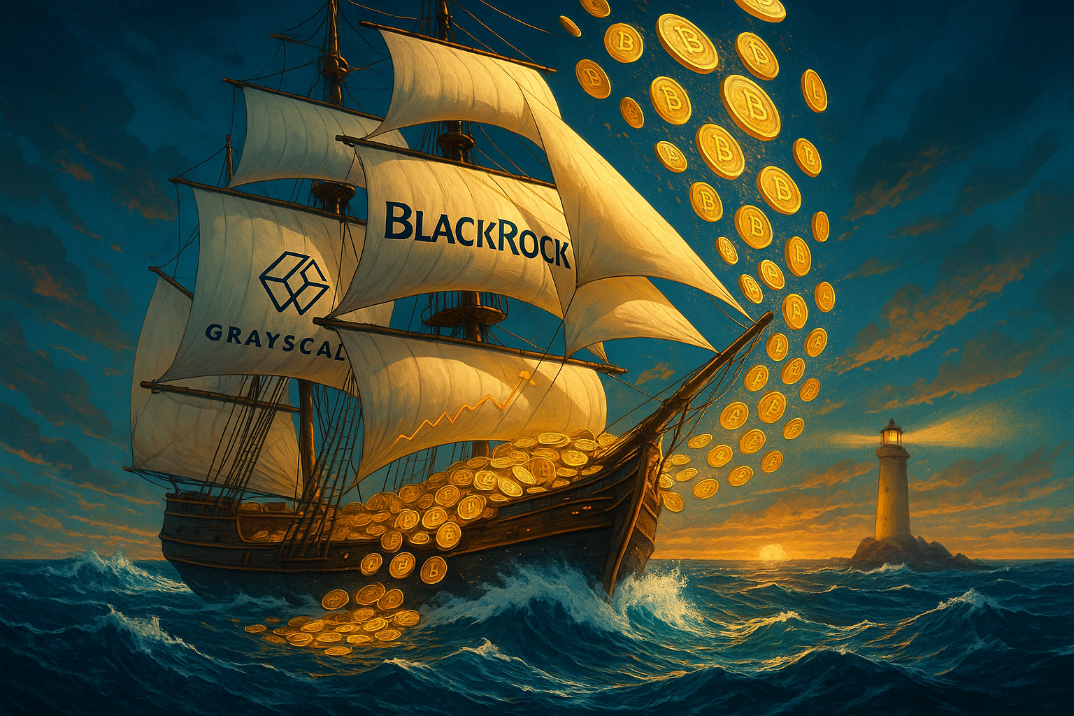 Bitcoin ETFs showing inflows with charts and cryptocurrency icons