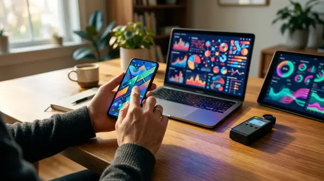 Hands holding smartphone near laptop and tablet with EMF meter on warm desk
