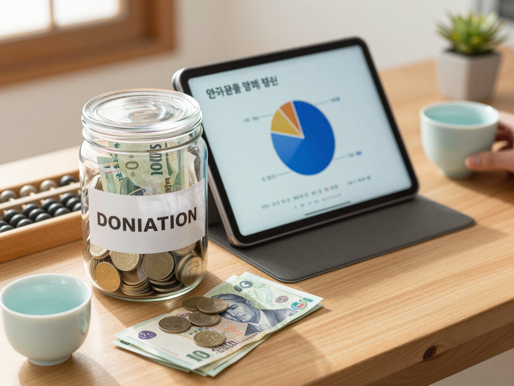 햇살 비추는 책상 위 투명한 기부 통에 동전과 지폐가 담겨 있고, 태블릿의 파이 차트와 주판, 청자 찻잔이 기부금 관리의 투명