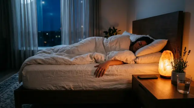 Peaceful bedroom at night with warm lamplight, white linens, and restful sleeping atmosphere