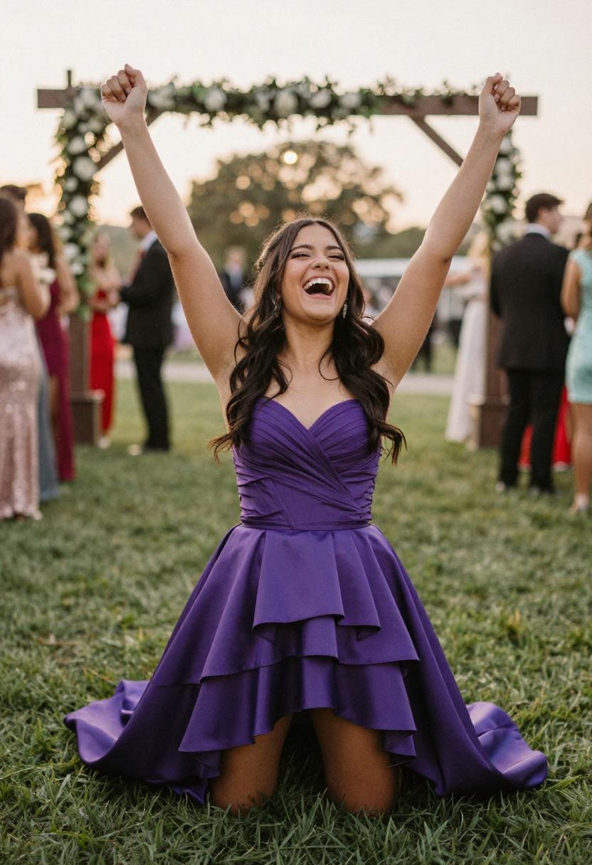 Cobalt blue strapless gown with classic updo capturing prom night magic