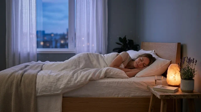 Person sleeping peacefully in minimalist bedroom bathed in soft twilight blue light