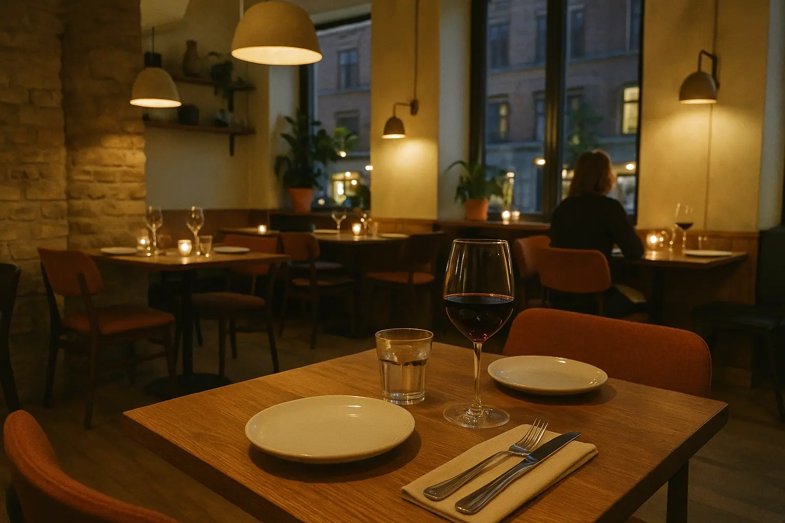 Hyggelig restaurantstemning med borddækning og levende lys på Vesterbro