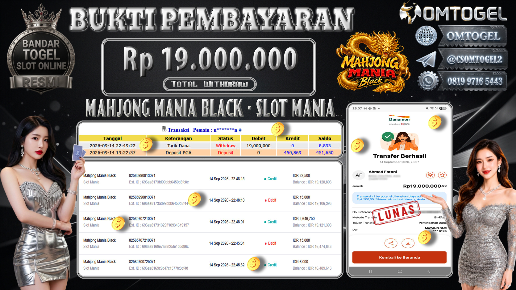 OMTOGEL JACKPOT SLOT MANIA MAHJONG MANIA BLACK  Rp.19,000,000,- DIBAYAR LUNAS