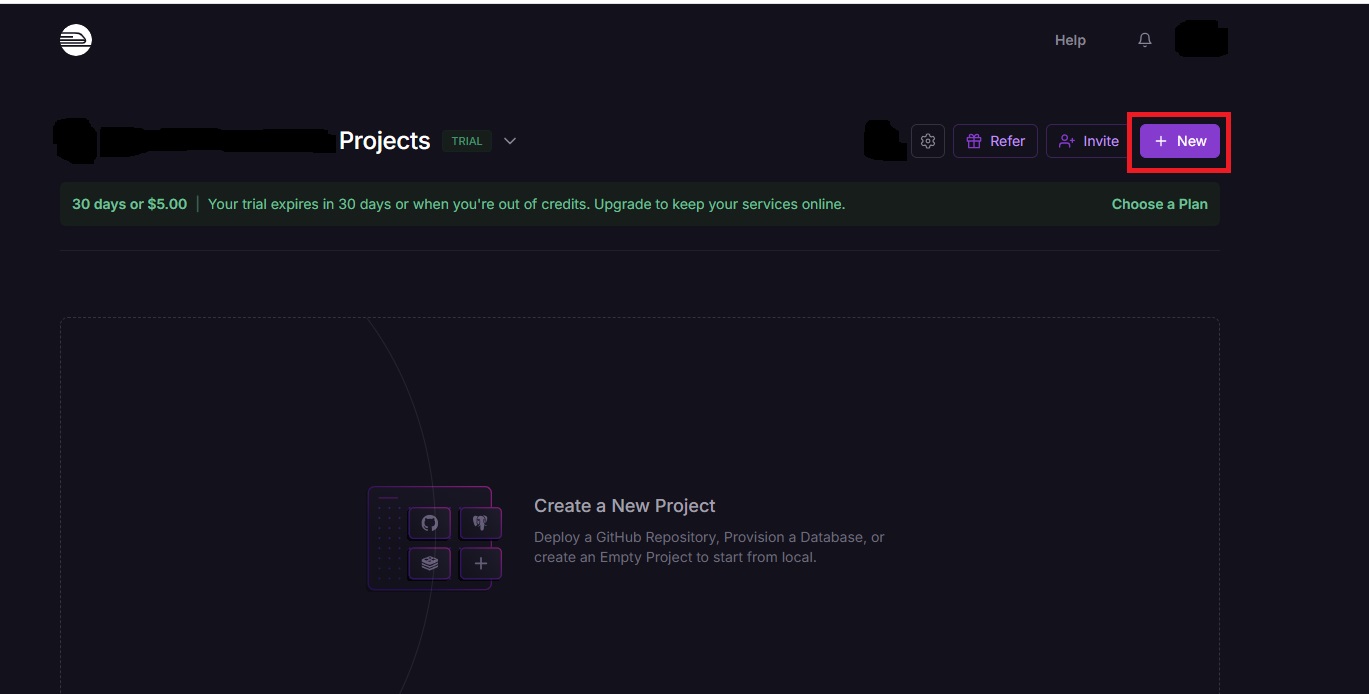 Railway deployment step 1: Creating new project
