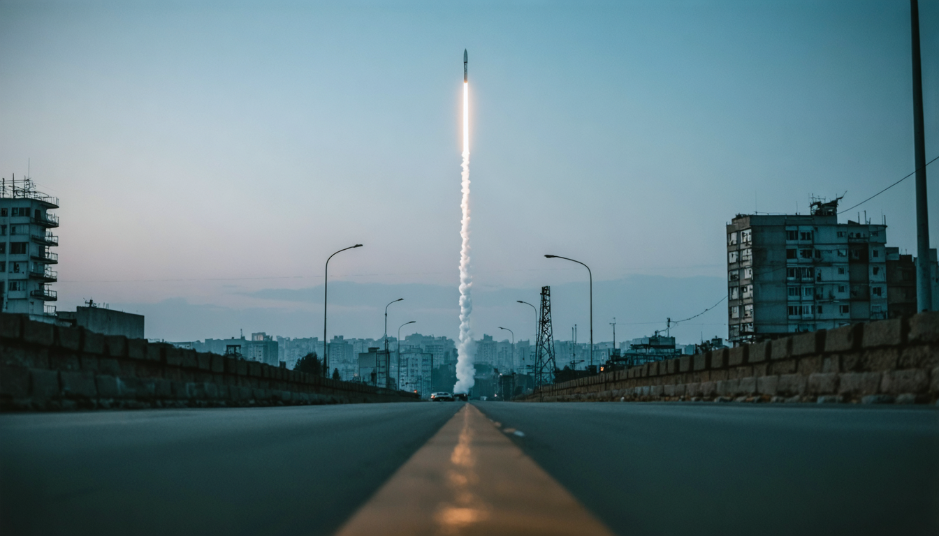 A thin rocket contrail fading into a pale morning sky above a deserted street, with no one there to watch it rise.