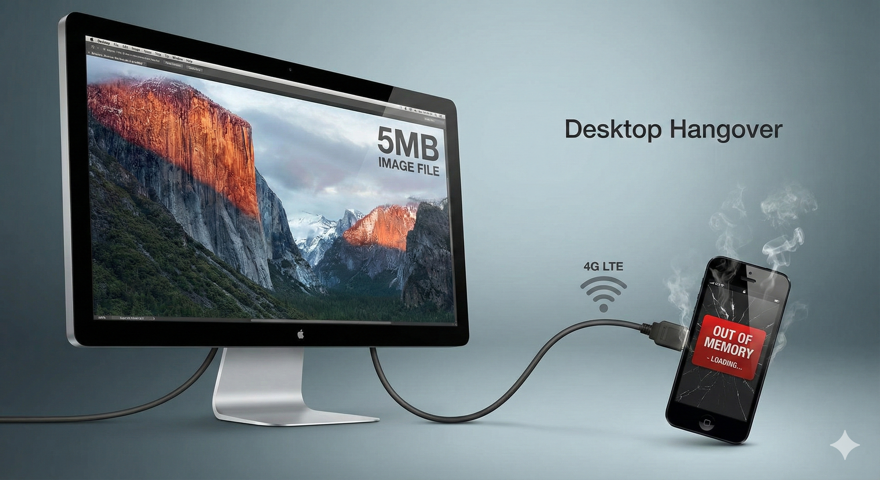 Illustration of a massive desktop image crashing a small mobile phone over 4G