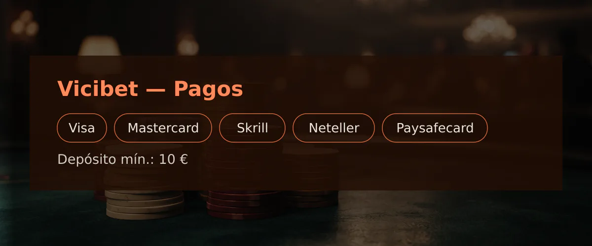 Vicibet — Pagos: Visa, Mastercard, Skrill, Neteller, Paysafecard